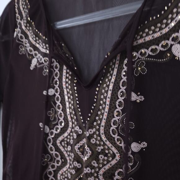 Obe Semisheer Embellished Long Sleeve Blouse, Swimsuit Coverup, Brown, Beige - Picture 4 of 5